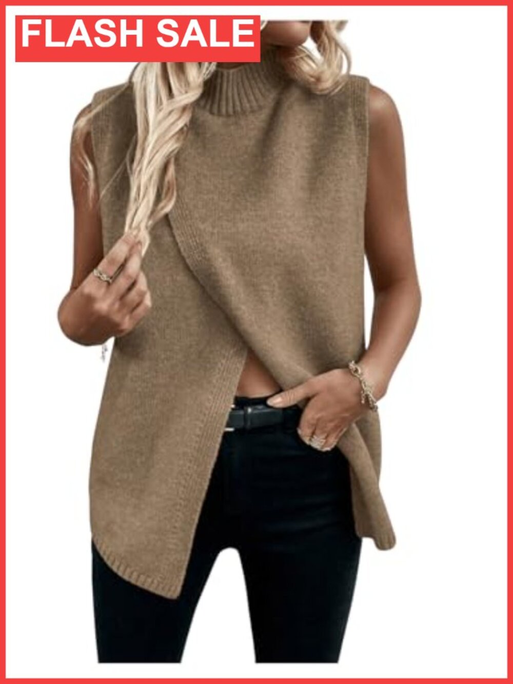 Mock Neck Sweater Vest Asymmetrical Hem Sleeveless Knit Business Casual